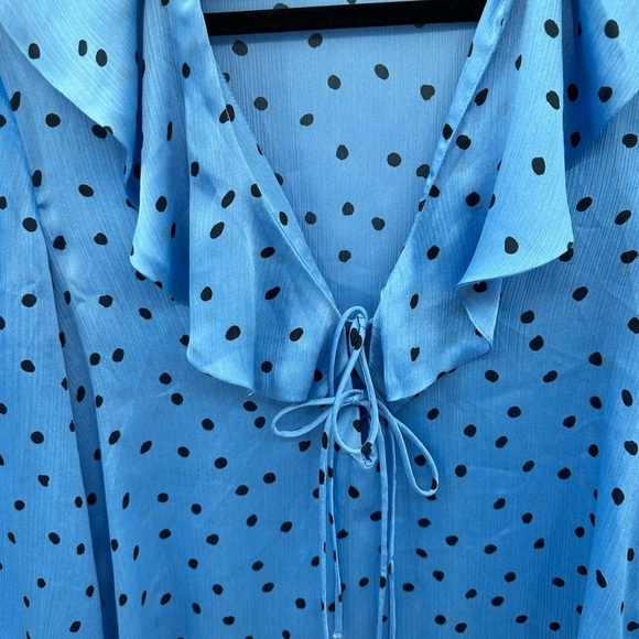 Y2K ZARA Blue-black polka-satin Deep V lace up ruffle coquette satin blouse S - Picture 4 of 10
